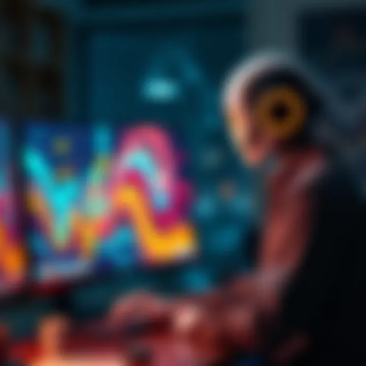 An AI artist humorously interacting with colorful digital art on a computer screen, showcasing creativity and technology.