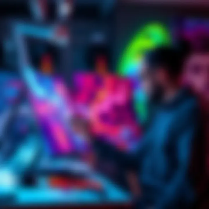 An artist working on a digital canvas with AI tools, surrounded by vibrant artwork.