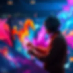 An AI artist works on a digital canvas surrounded by vibrant colors and abstract shapes.