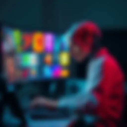 An AI artist sitting at a computer, looking frustrated while creating digital art, with various colorful art pieces displayed on the screen.