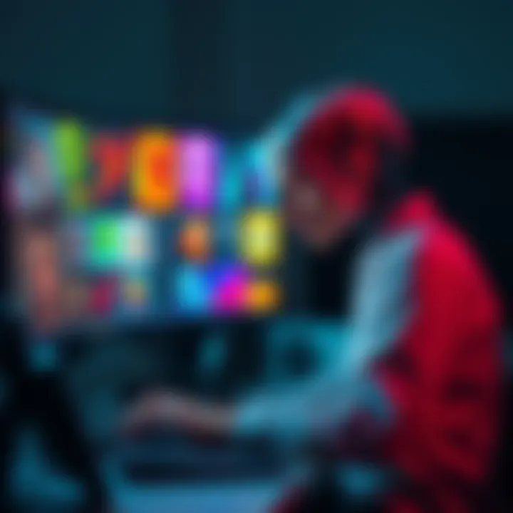 An AI artist sitting at a computer, looking frustrated while creating digital art, with various colorful art pieces displayed on the screen.