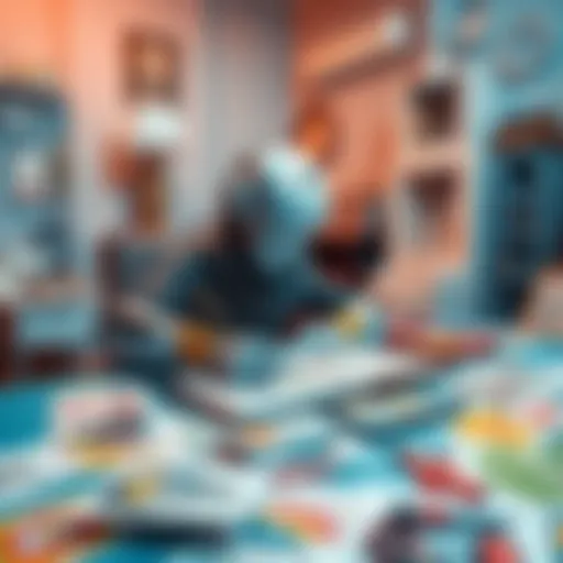 An AI artist looks stressed while drawing in a therapy room, with unfinished artwork scattered around.