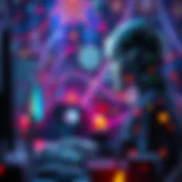 An AI artist focused on a computer screen, creating digital art with various colorful designs around them.