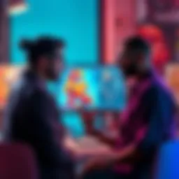 Two artists discussing the impact of AI on their work, with a computer displaying digital art in the background.