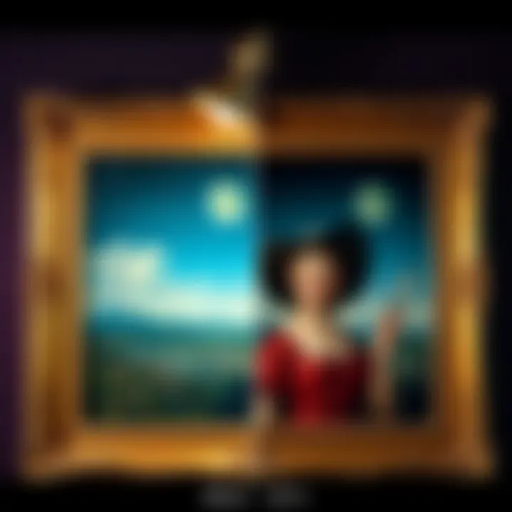 An artwork being restored by artificial intelligence, showing side-by-side comparisons of the original and the enhanced version.