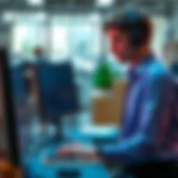A digital assistant helping a young professional with work tasks in an office setting