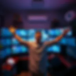 A person celebrating success in their home office, surrounded by computer screens displaying automation software, representing a thriving AI business.
