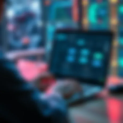 A person working on a laptop displaying automation software with flowcharts and tools on the screen.