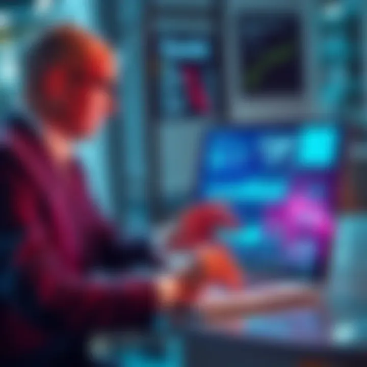 AI in B2B Sales A business professional analyzing data on a laptop with AI graphics and charts displayed on the screen