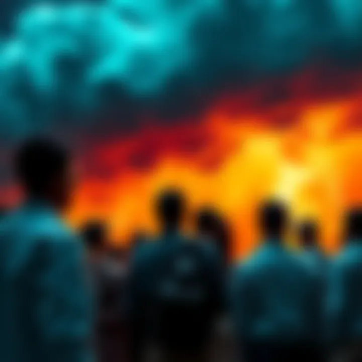 A group of concerned people discussing AI technology under a stormy sky, symbolizing fear and tension over AI developments.
