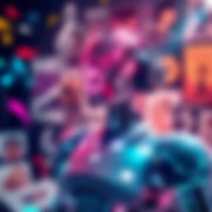 An artistic representation of an AI band with futuristic elements, surrounded by album covers and musical notes, celebrating their 40 album releases.