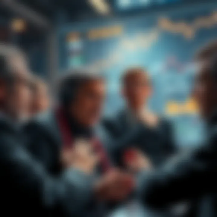 A group of worried tech billionaires discussing market changes, with graphs and charts showing fluctuating trends around them