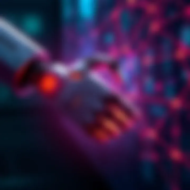 A visual of a robot hand shaking hands with a digital blockchain network, symbolizing the partnership between AI and blockchain technologies.