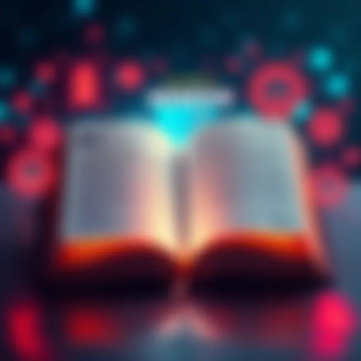A digital illustration showing a book with glowing text pages and AI symbols around it, representing the role of artificial intelligence in literature.