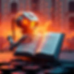 An illustration showing an AI machine and an open book with text resembling the Book of Genesis, symbolizing AI's role in literature.