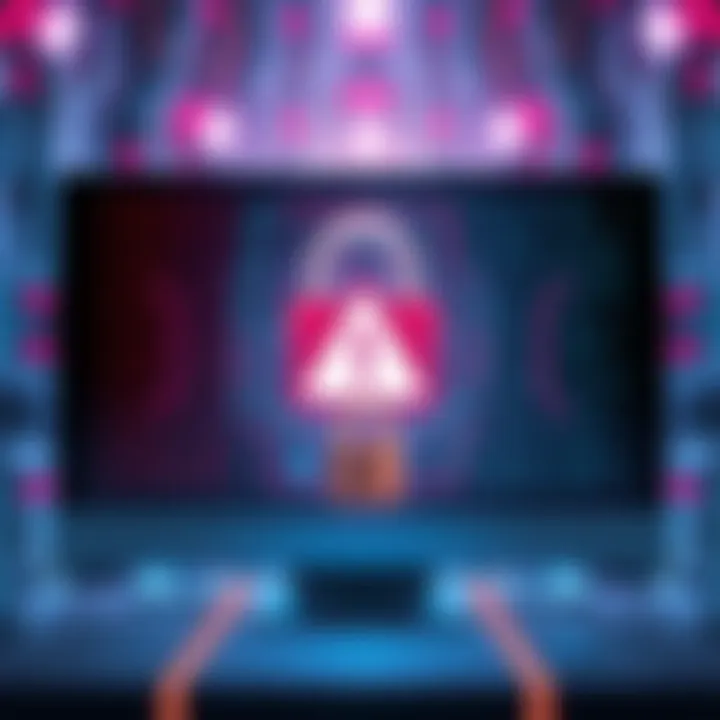 A visual representation of a computer with a warning symbol, surrounded by digital code and a broken lock, symbolizing a security breach in AI systems.