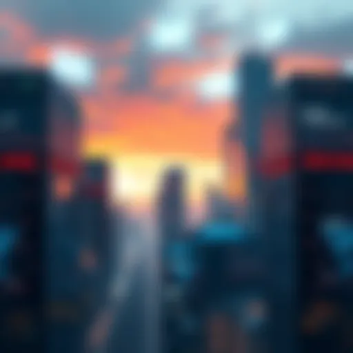 A city skyline with buildings featuring digital screens showing declining AI trends, symbolizing the aftermath of the AI bubble burst.