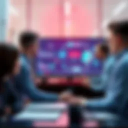 A modern office scene showing a business team discussing strategies with an AI system on a screen, emphasizing teamwork between humans and technology.