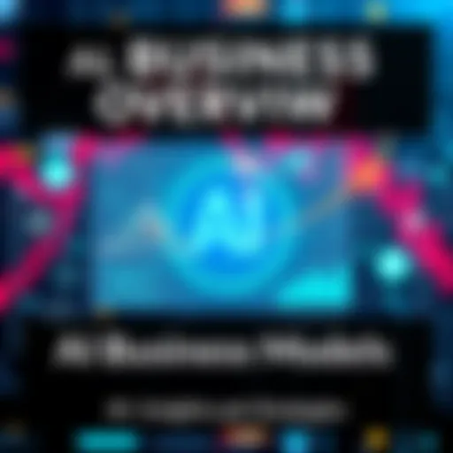 A graphic showing different AI business models like SaaS and automation services, with charts and icons representing growth and strategies.