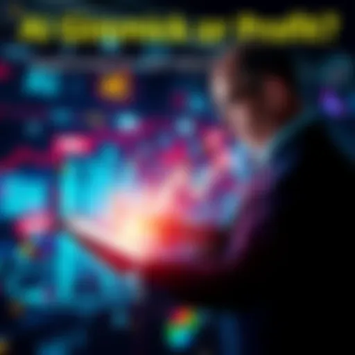 A business person analyzing data on a digital tablet with AI graphics in the background, symbolizing the potential of AI in generating profit