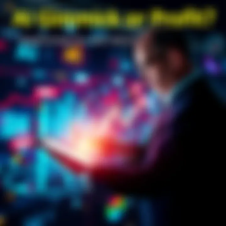 A business person analyzing data on a digital tablet with AI graphics in the background, symbolizing the potential of AI in generating profit