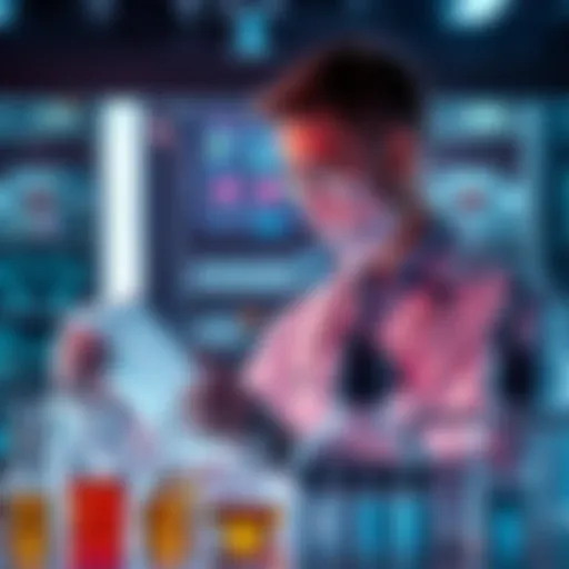 A scientist working with AI technology in a lab, surrounded by research materials and mineral oil samples, symbolizing advancements in cancer treatment.