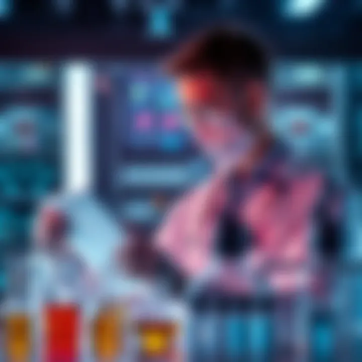 A scientist working with AI technology in a lab, surrounded by research materials and mineral oil samples, symbolizing advancements in cancer treatment.