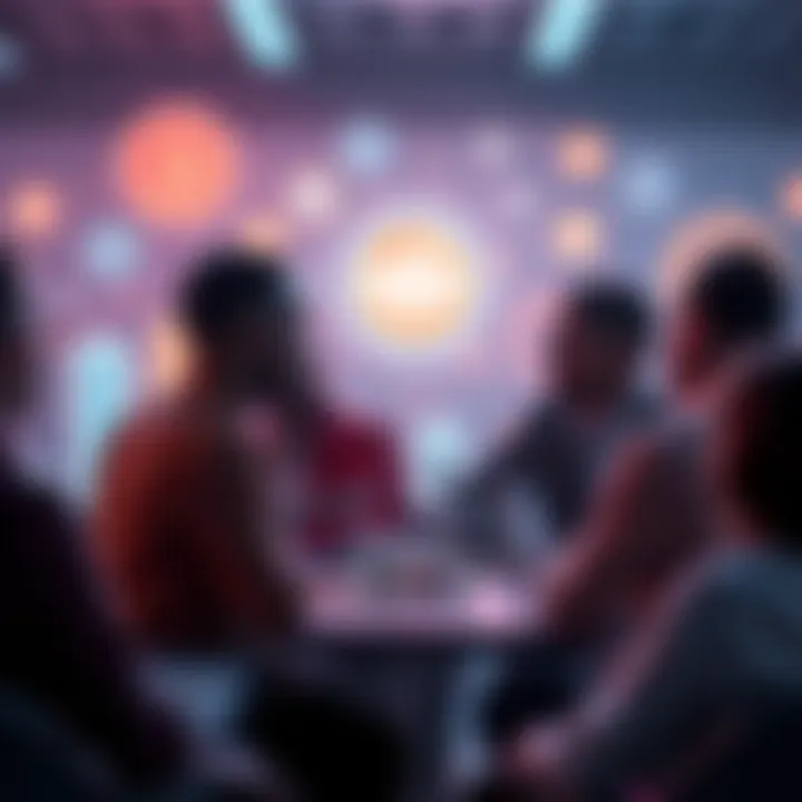 A group of people discussing in a forum setting, with symbols representing AI and capitalism in the background.