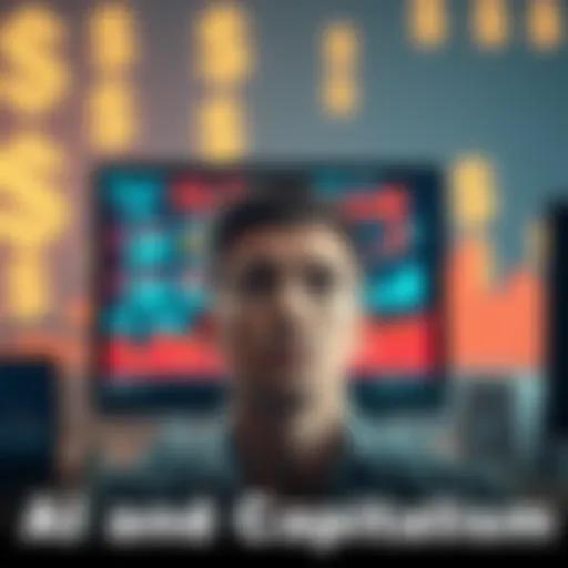 A person looking worried at a computer screen showing automation figures, with dollar signs and charts in the background, symbolizing the impact of AI on jobs and the economy.