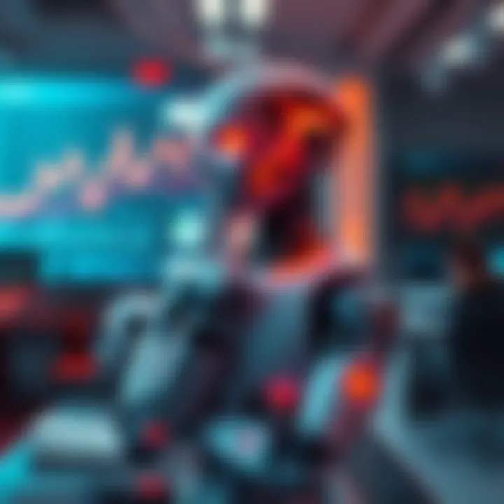 A thoughtful AI CEO standing in an office, contemplating their impact on society, with charts and technology in the background.