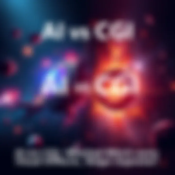 An illustration showing a split scene of AI-generated and CGI effects creating cosmic events, like the Big Bang and universe formation.
