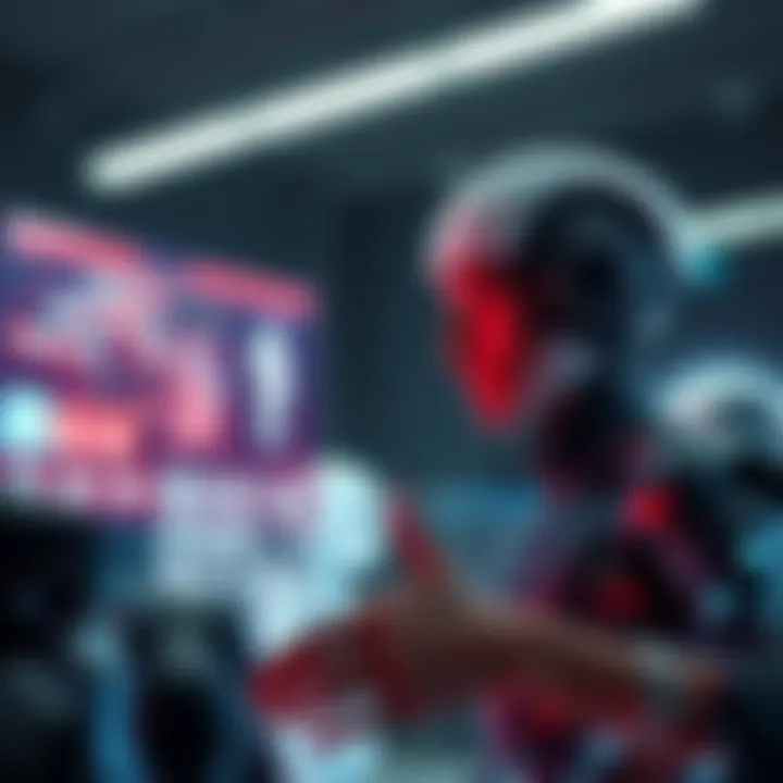 A human character engaging with a visual display of an AI character's perspective, showcasing a dynamic conversation between them.