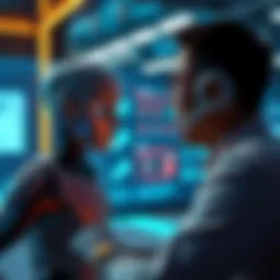 A person engaging with an AI character on a screen, showing surprise and curiosity about the conversation, with a modern tech environment in the background.