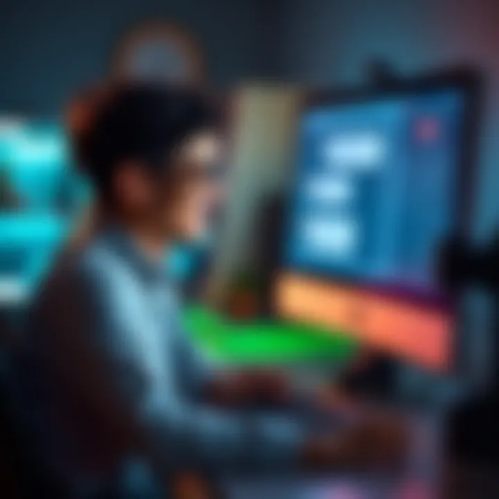 AI chat support concept A person sitting at a computer, engaging with a friendly AI chatbot on the screen, while looking relieved and happy, representing the shift from forums to AI for support.