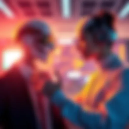 Two people discussing the pros and cons of AI chatbots, one advocating for regulation and the other for a ban.