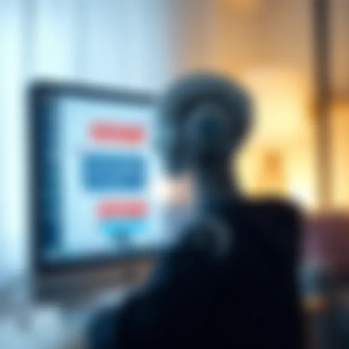 A digital chatbot displayed on a computer screen, with a concerned expression on a user's face. The background shows a cozy room with soft lighting.