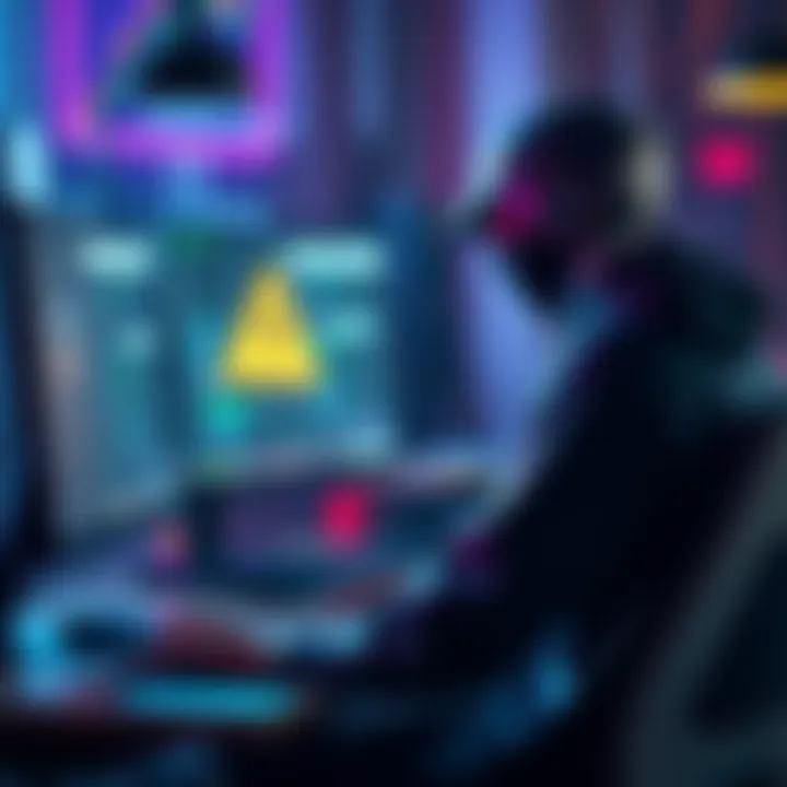 A hacker sits at a computer, with a visual of an Instagram logo and a warning sign, highlighting a security breach in Meta's AI chatbot.