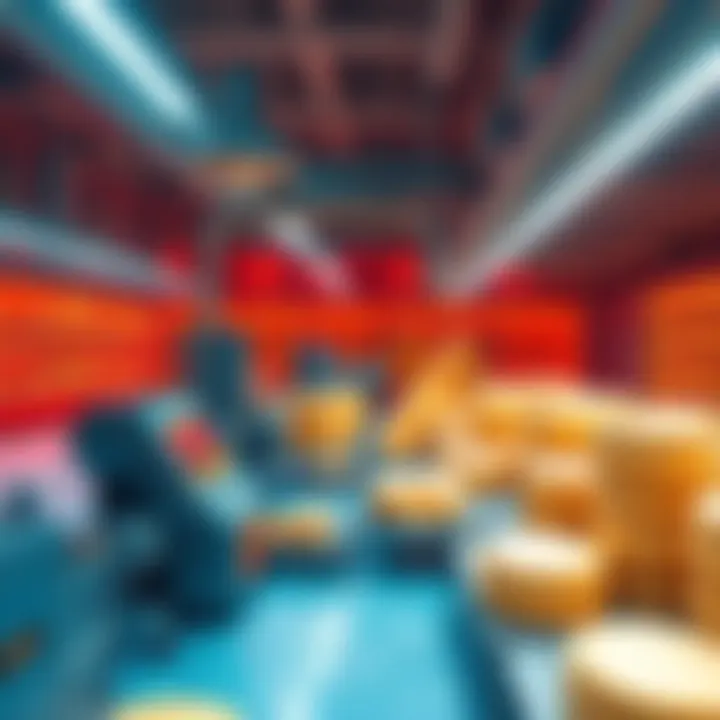 A futuristic cheese production facility with AI technology at work, showcasing various cheese types and high-tech equipment.