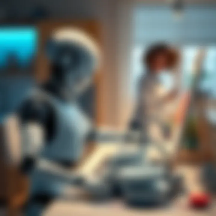 A robot washing dishes in a kitchen while an artist paints nearby, illustrating the desire for AI to handle mundane tasks and allow for more creativity.
