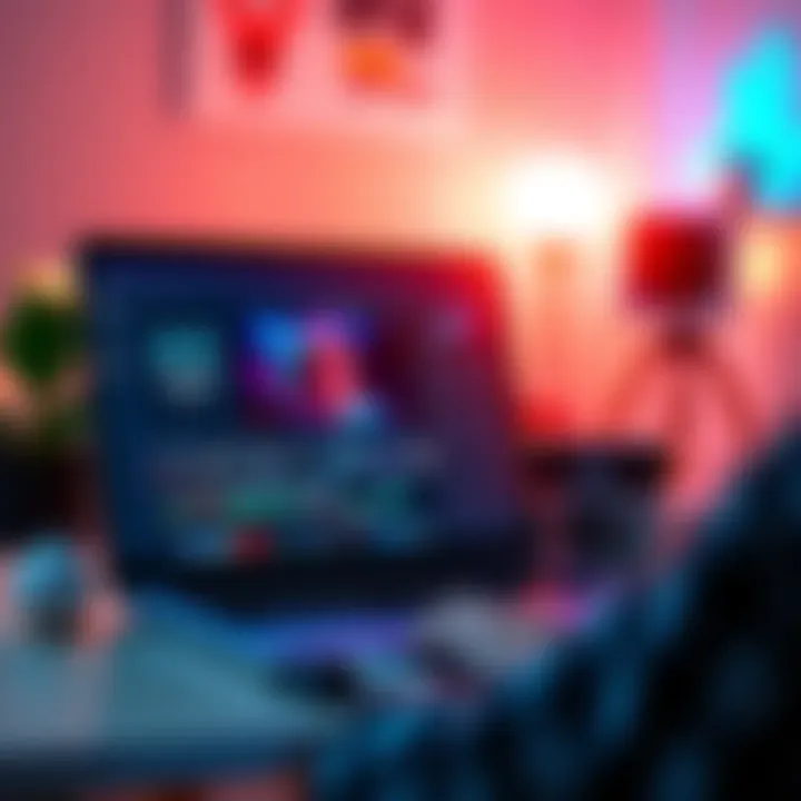 A person editing a cinematic video using AI tools on a laptop with vibrant visuals on the screen