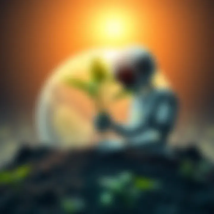 A digital illustration showing a robot planting a tree with a globe in the background, symbolizing AI's role in environmental sustainability.