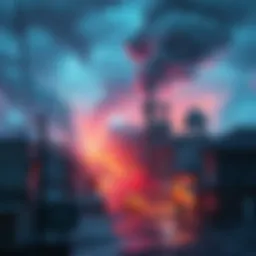 AI and Climate Challenges A visual representation showing a city struggling with pollution and economic disparity while artificial intelligence technologies are interwoven throughout.