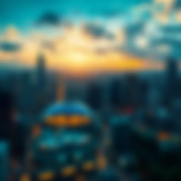 A futuristic city skyline with AI elements contrasting against a green landscape, symbolizing the conflict between technology and climate goals.