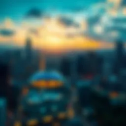 AI and Climate Contrast A futuristic city skyline with AI elements contrasting against a green landscape, symbolizing the conflict between technology and climate goals.