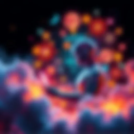 A digital artwork depicting a person collaborating with an AI interface, surrounded by colorful dream-like elements and symbols of creativity.