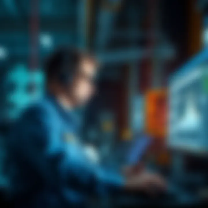 An engineer using AI tools to modernize COBOL code, with screens showing automated analysis results.