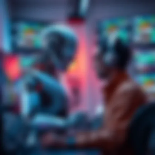 A futuristic scene showing a robot working alongside a human programmer, with lines of code visible on screens around them, symbolizing the collaboration between AI and humans in coding.