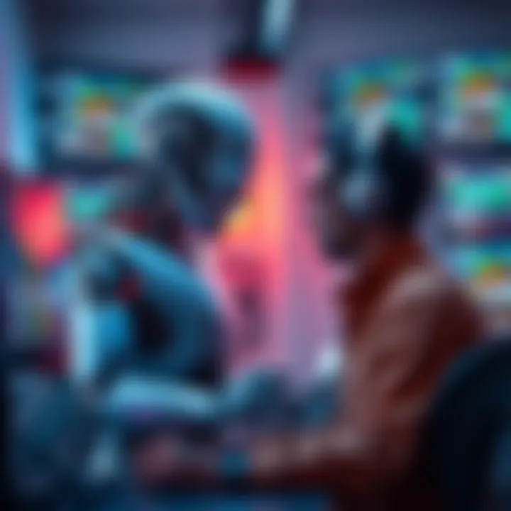 A futuristic scene showing a robot working alongside a human programmer, with lines of code visible on screens around them, symbolizing the collaboration between AI and humans in coding.
