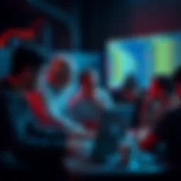 A group of people discussing around a laptop, some look doubtful about AI coding technology, with screens showing coding output.