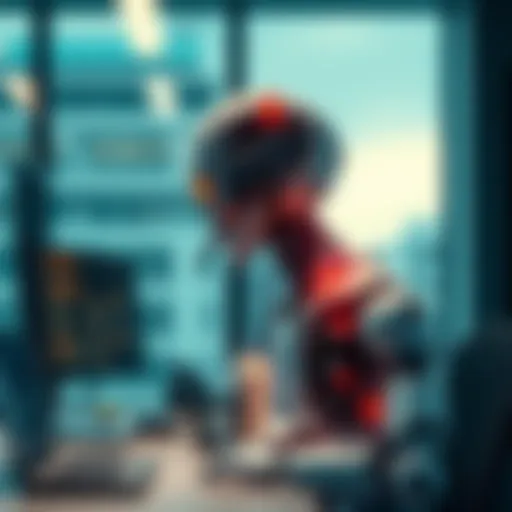 A robotic figure using a headset to make multiple phone calls in a modern office setting